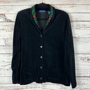 Womens VTG Karen Scott Black Velvet Velour Button Up Holiday Embroidered Top L